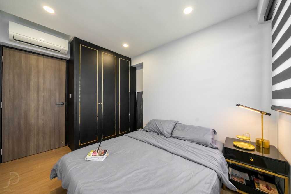 Contemporary Bedroom with Herringbone Tiling and Cove Lighting