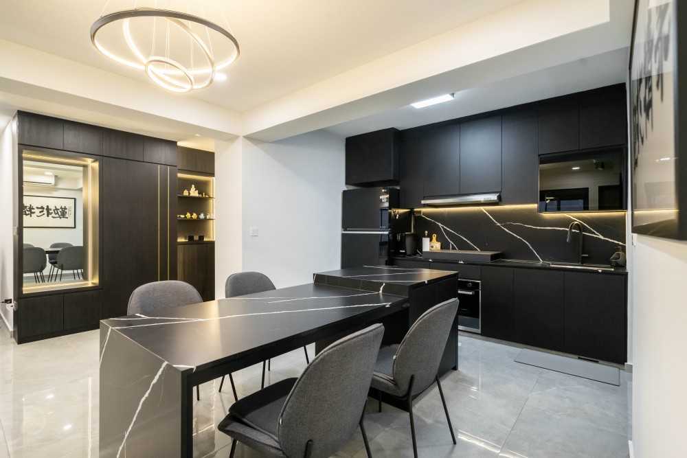 Contemporary Kitchen with Homogeneous Tiles and Kitchen Window