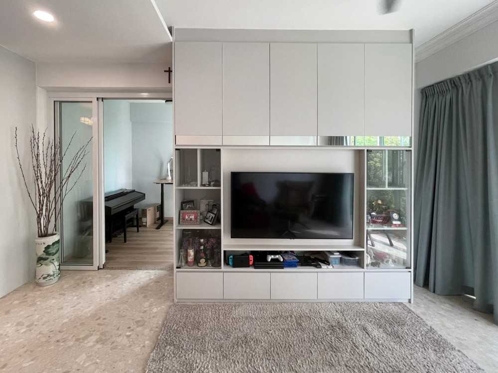 Scandinavian Living Room with TV Console and Glass Door