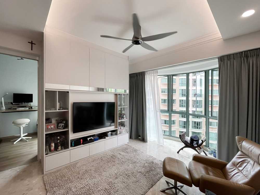 Scandinavian Living Room with TV Console and Window Grille