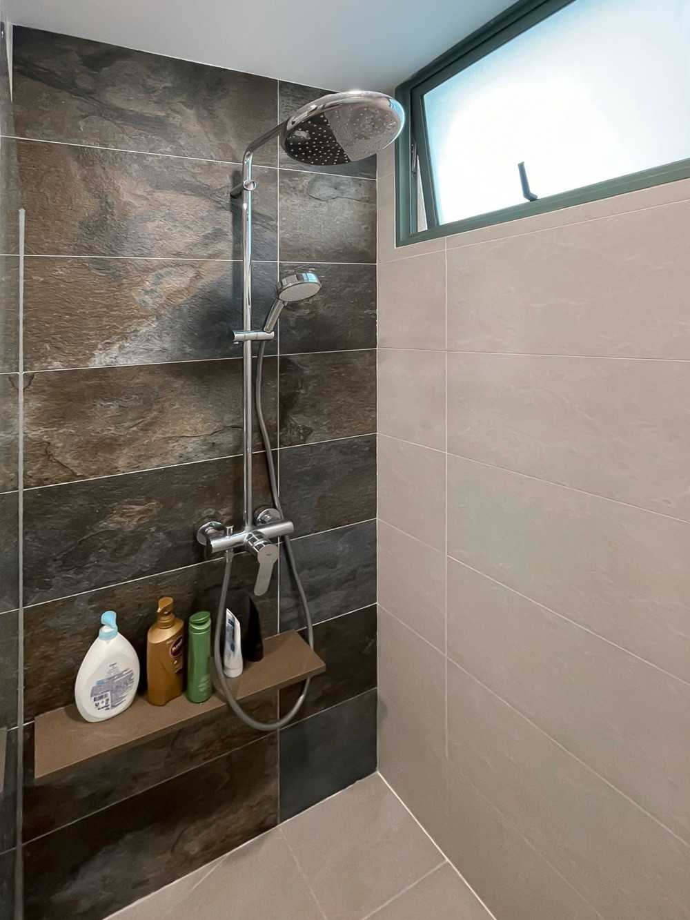 Scandinavian Bathroom with Feature Wall and Shower Screen