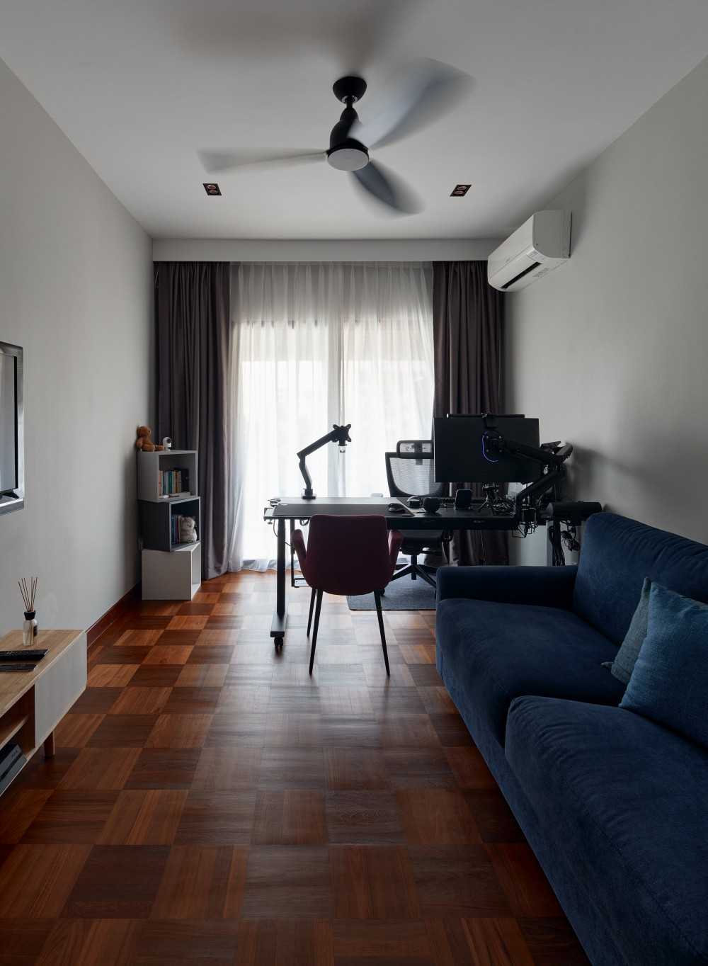 Modern Workstation with Ceiling Fan and Curtain