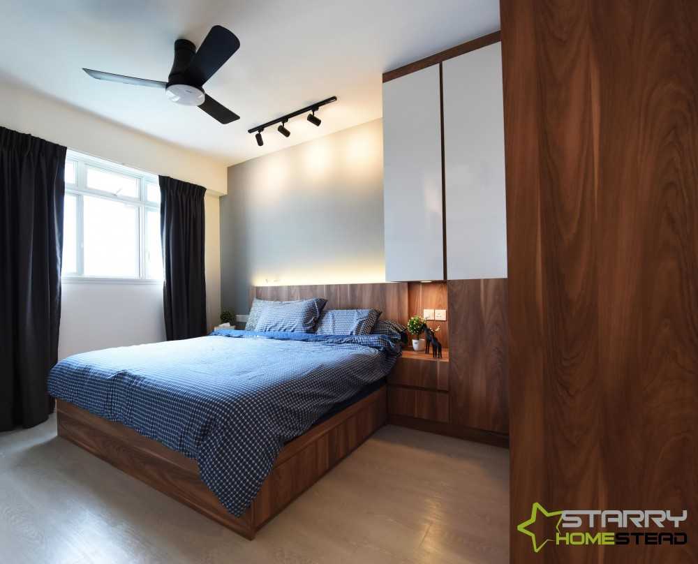Scandinavian Bedroom with Display Cabinets and Bed