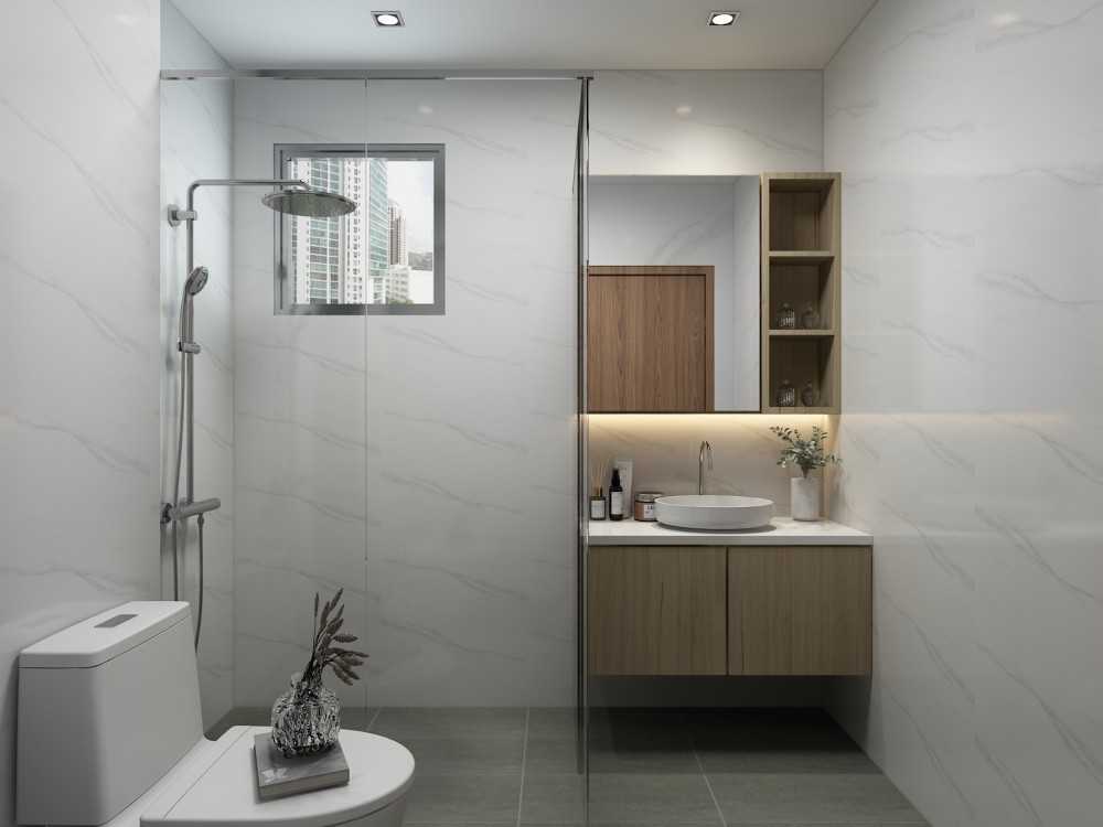 Scandinavian Bathroom with Countertop and Granite Floor