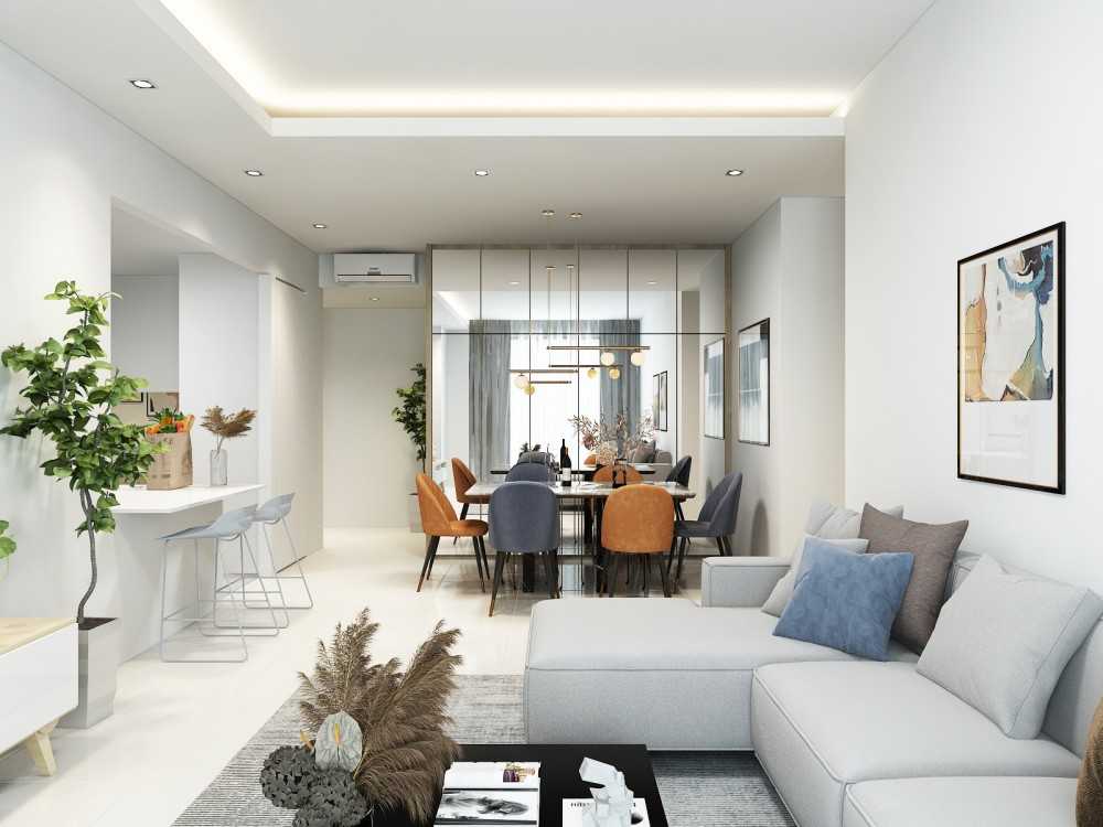 Scandinavian Living Room with Homogeneous Tiles and TV Console