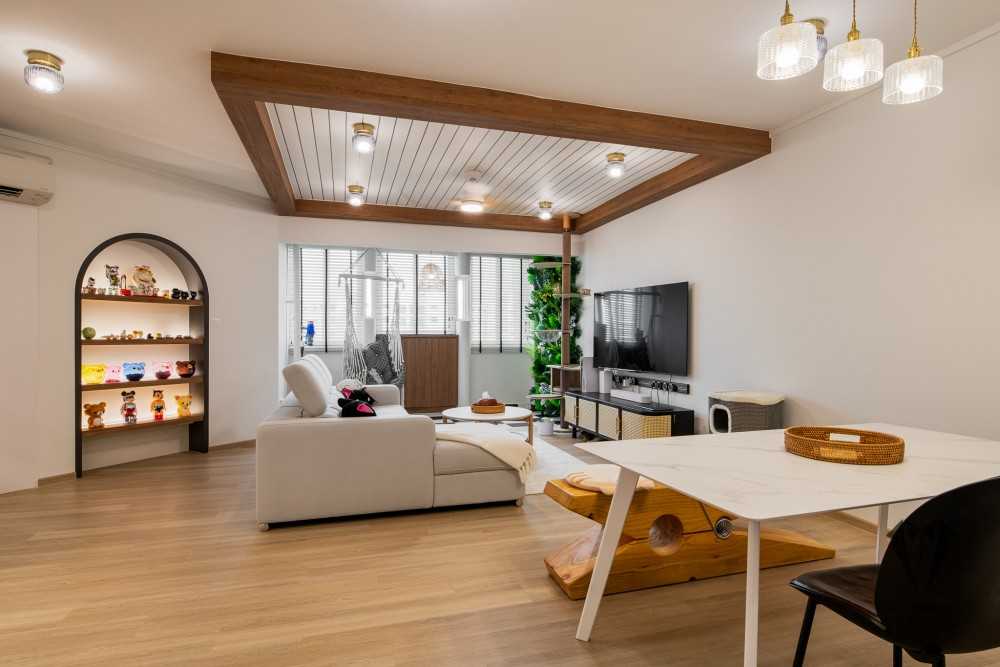 Eclectic Living Room with Bookshelf and Vinyl Flooring