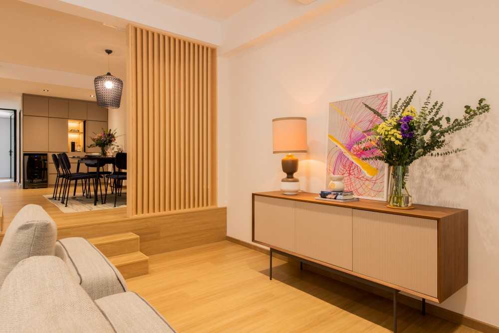 Contemporary Living Room with Parquet Floor and Feature Wall