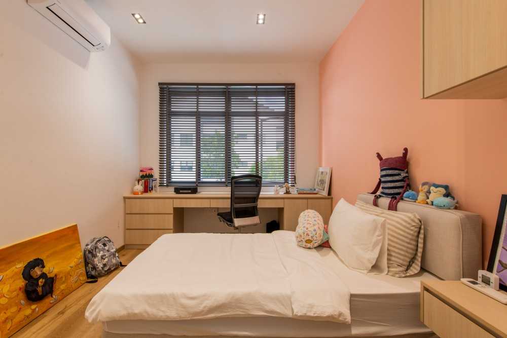 Contemporary Bedroom with Parquet Floor and Children's Beds