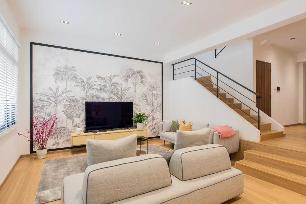 Contemporary Living Room with Bookshelf and Settee