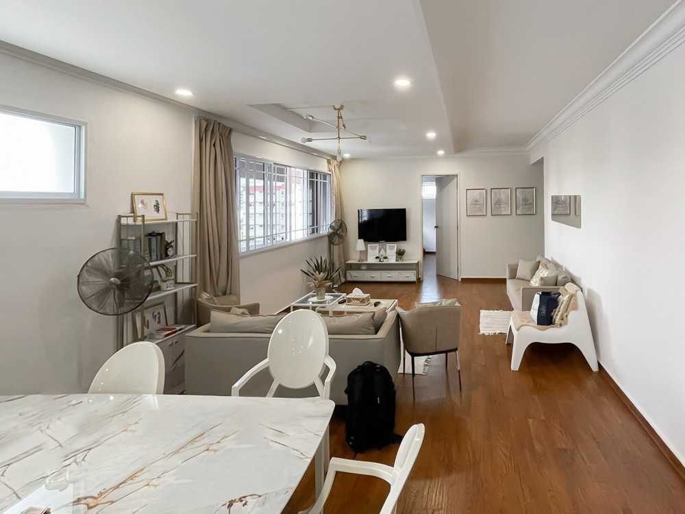 Scandinavian Living Room with TV Console and Window Grille