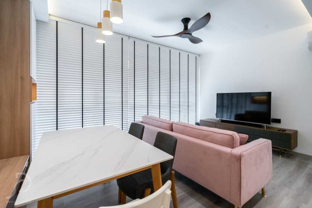 Contemporary Living Room with Homogeneous Tiles and TV Console