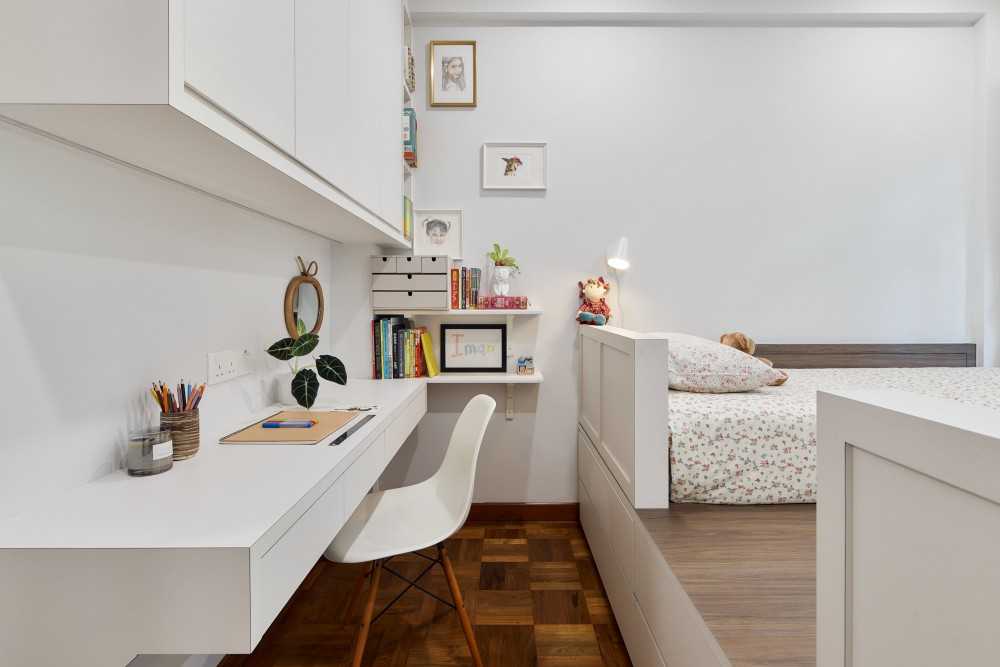 Contemporary Bedroom with Bookshelf and Platform Bed