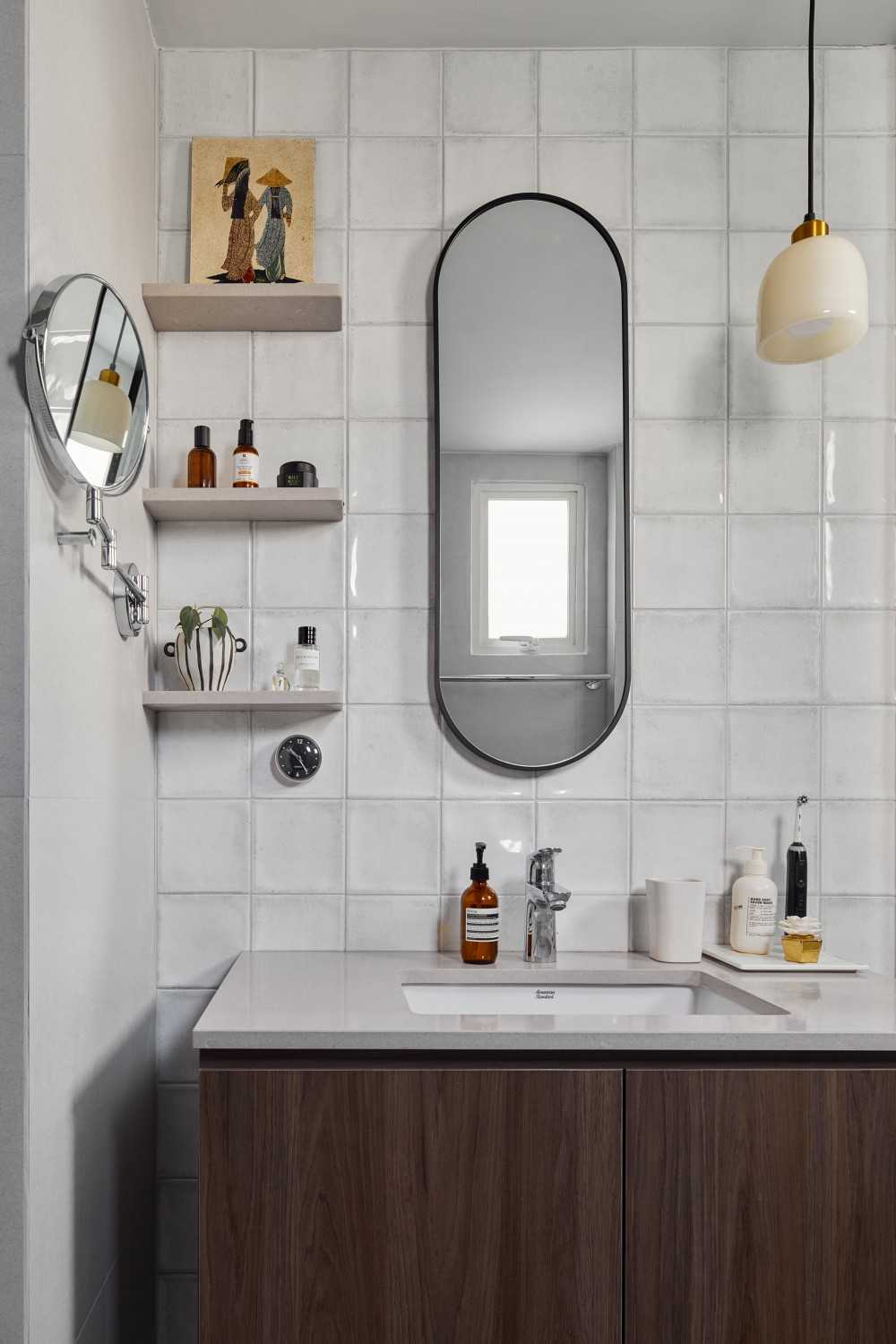 Contemporary Bathroom with Drop Light and Mirror