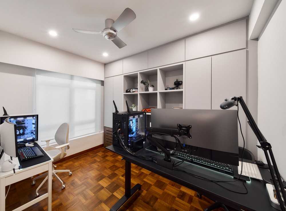 Contemporary Workstation with Ceiling Fan and Storage Cabinets