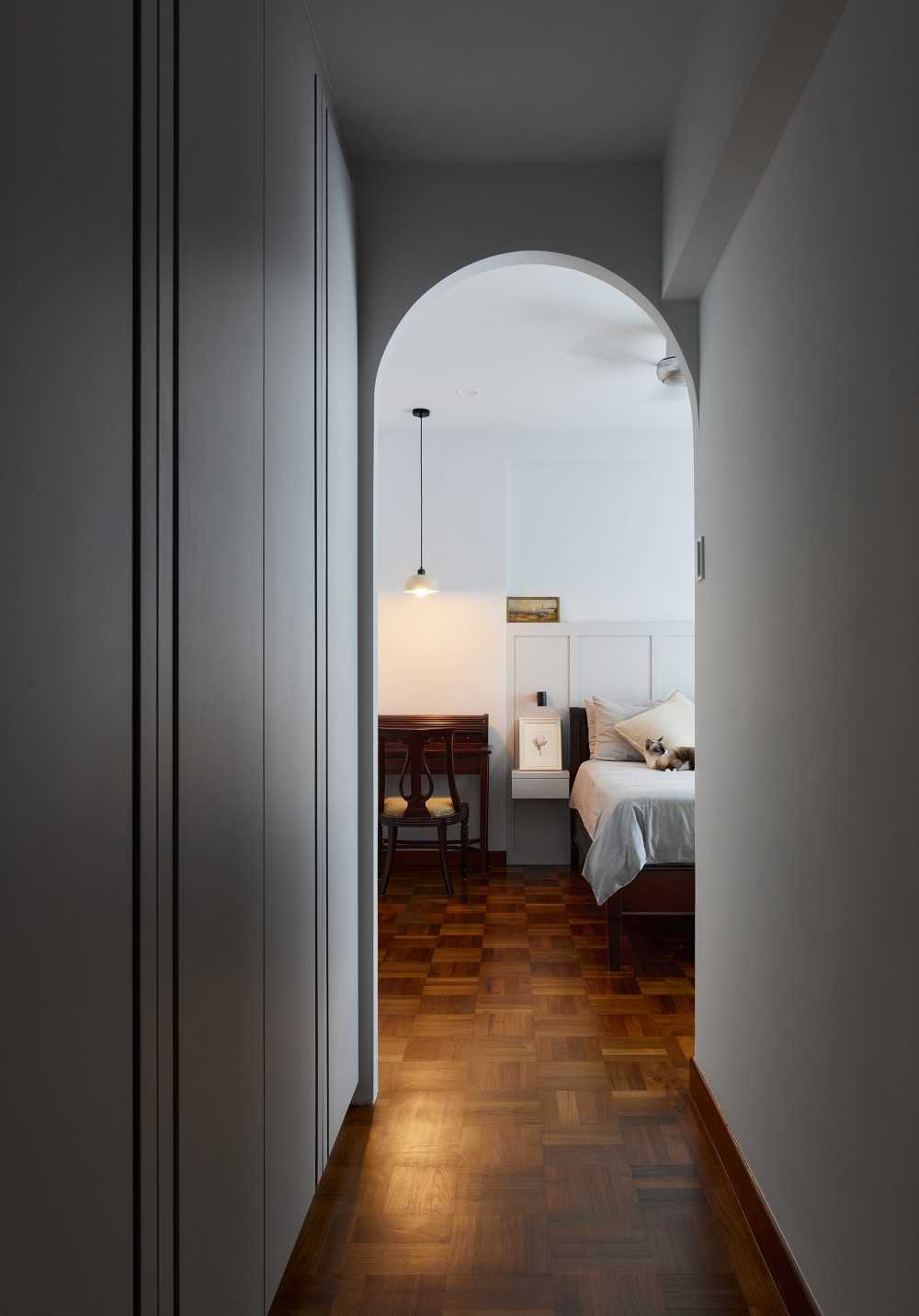 Contemporary Bedroom with Parquet Floor and Drop Light