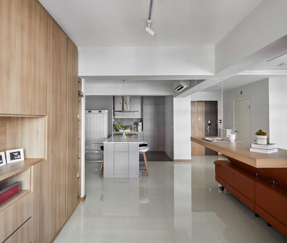 Contemporary Kitchen with Kitchen Island and Sofa