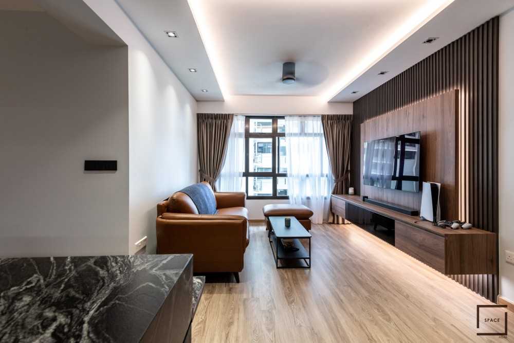 Contemporary Living Room with Vinyl Flooring and Feature Wall