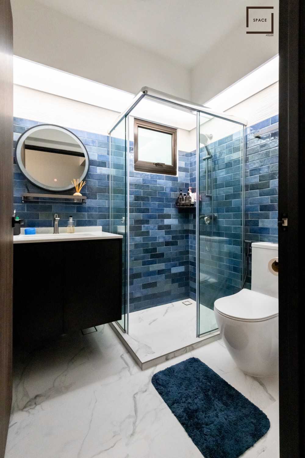 Contemporary Bathroom with Bathroom Storage and Showers