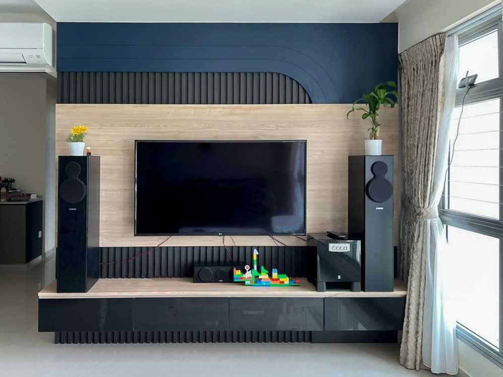Modern Living Room with TV Console and Window Grille