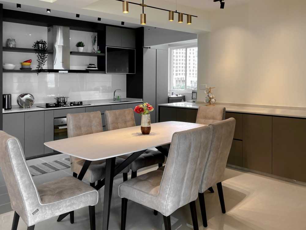 Modern Dining Room with Kitchen Window and Dining Table