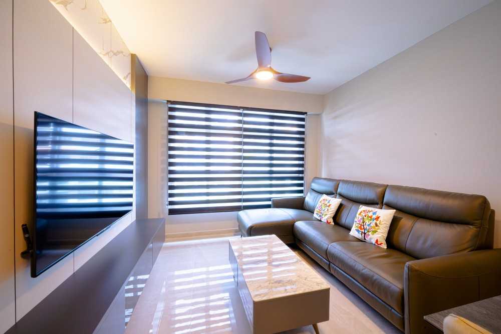 Contemporary Living Room with TV Console and Roller Blinds