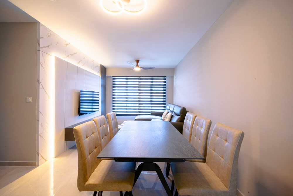 Contemporary Living Room with Feature Wall and Roller Blinds