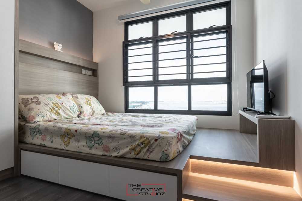 Scandinavian Bedroom with Platform Bed and Vinyl Flooring