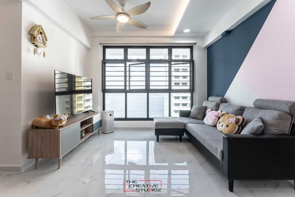 Scandinavian Living Room with Homogeneous Tiles and TV Console