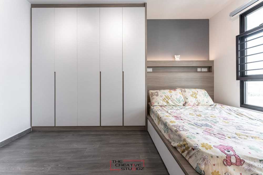 Scandinavian Bedroom with Platform Bed and Vinyl Flooring