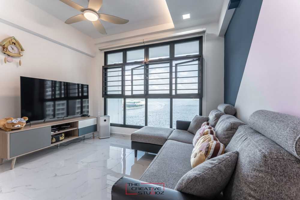 Scandinavian Living Room with Homogeneous Tiles and TV Console