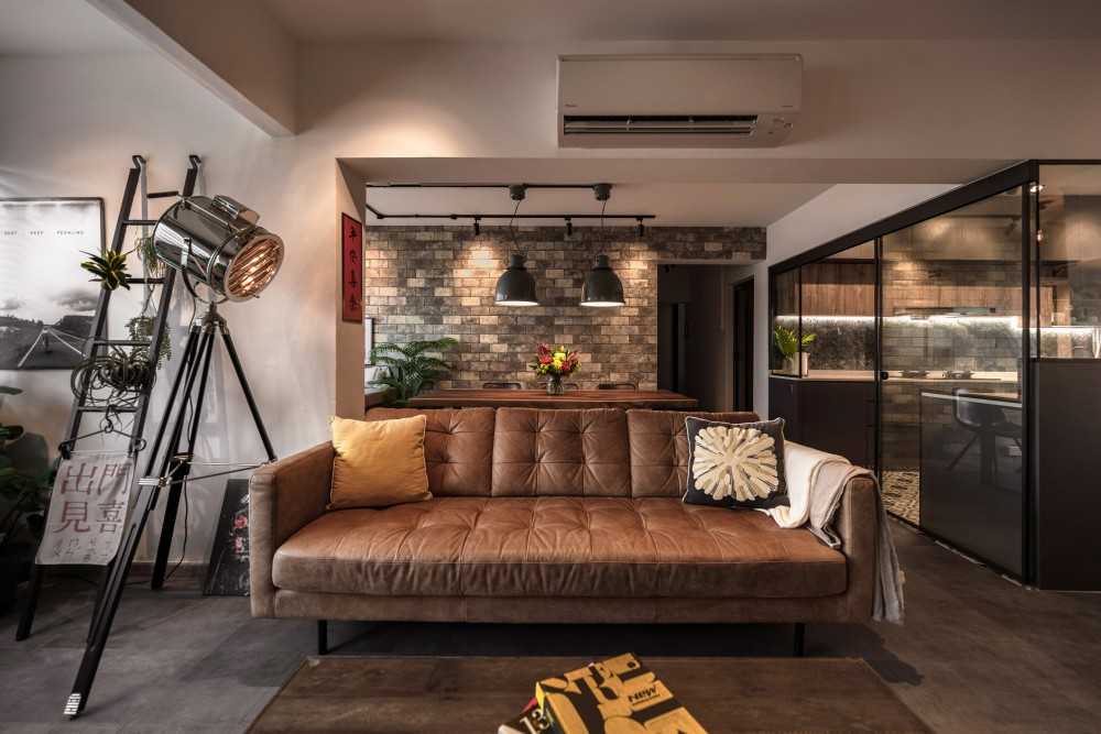 Industrial Living Room with Feature Wall and Drop Light