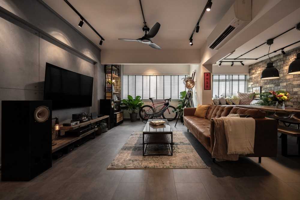 Industrial Living Room with TV Console and Feature Wall