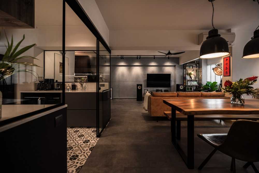 Industrial Hallway with Drop Light and Dining Table