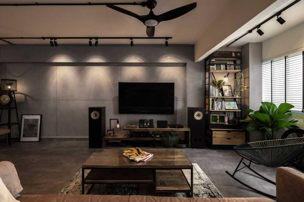 Industrial Living Room with Bookshelf and Feature Wall