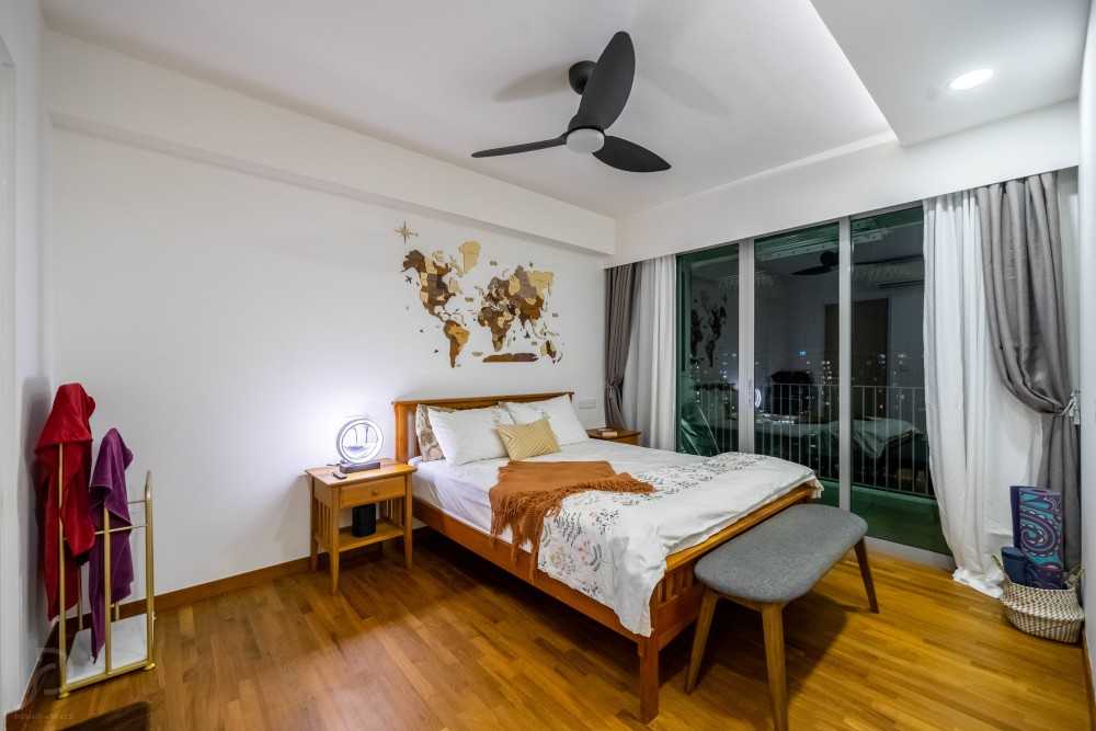 Transitional Bedroom with Drop Light and Queen Bed