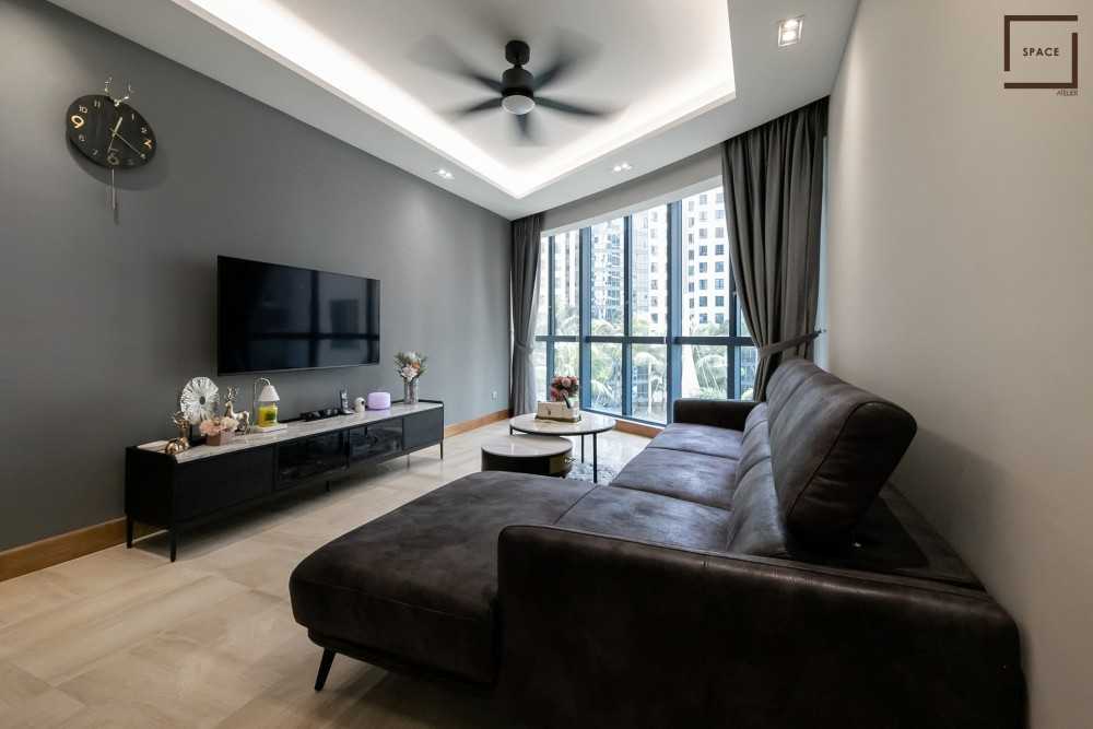 Contemporary Living Room with Homogeneous Tiles and Ceiling Light