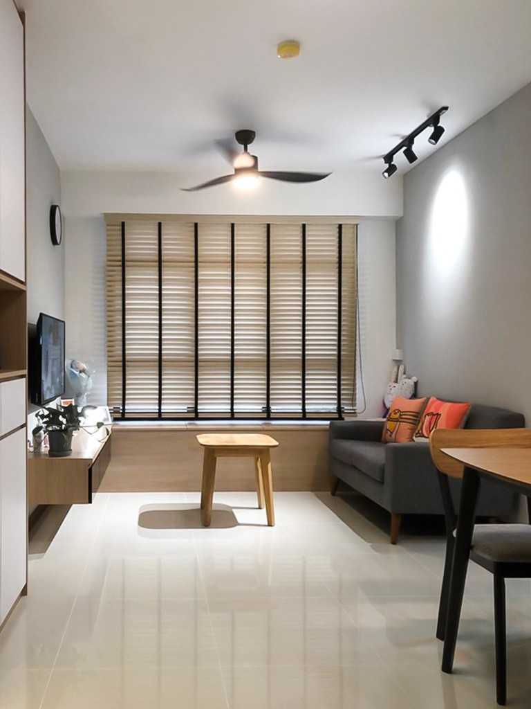 Scandinavian Dining Room with TV Console and Window Grille