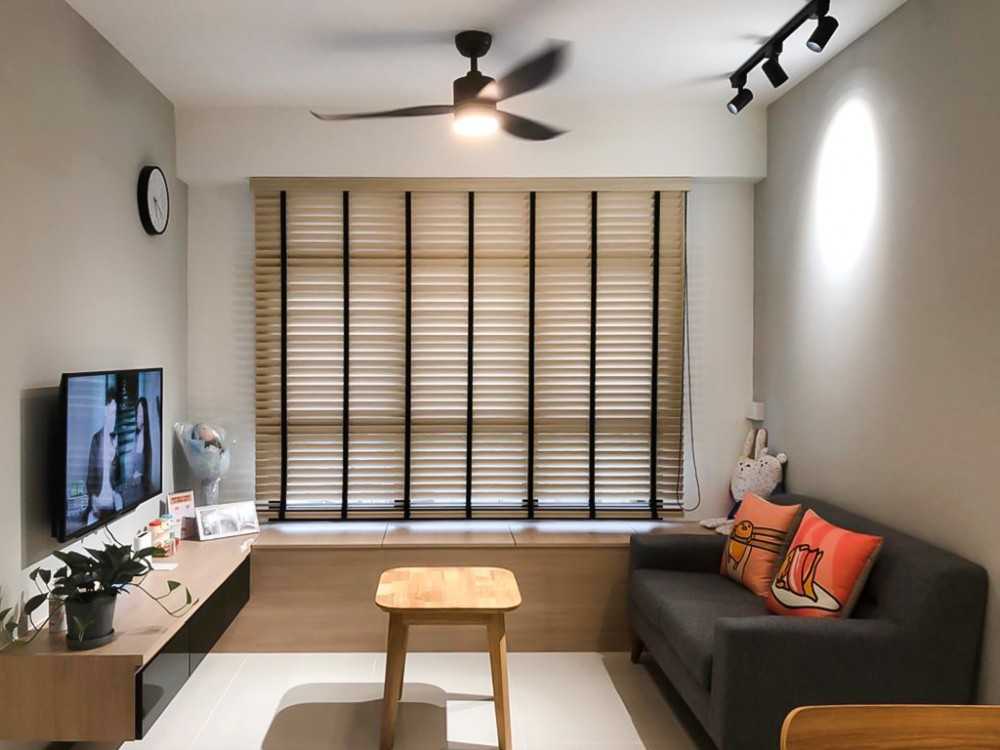 Scandinavian Living Room with TV Console and Window Seat