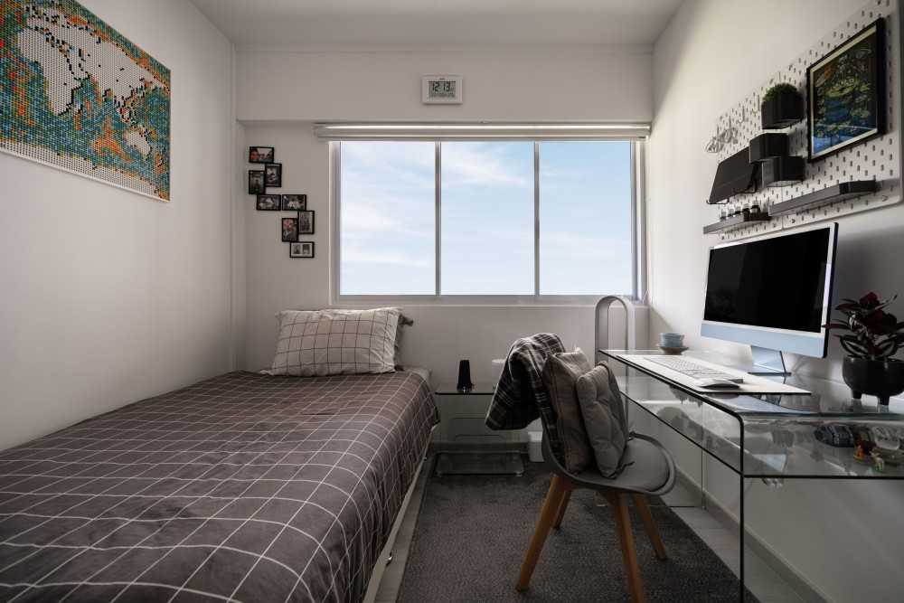 Modern Bedroom with Roller Blinds and Paintings