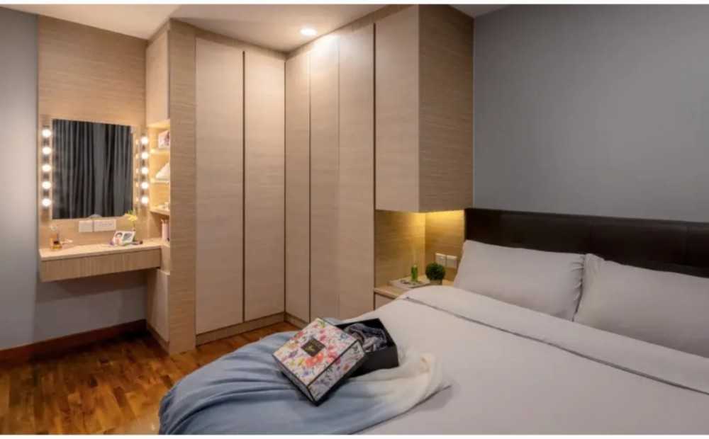 Scandinavian Bedroom with Parquet Floor and Wood Flooring