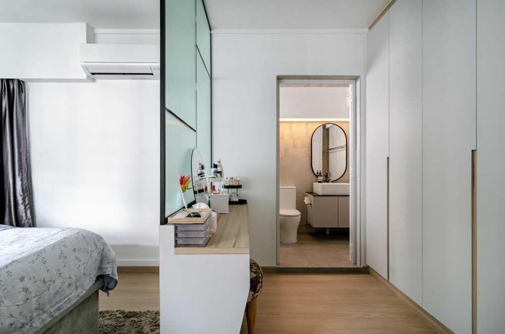 Scandinavian Bedroom with Vinyl Flooring and Mirror