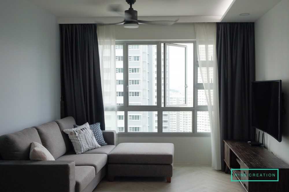 Contemporary Living Room with Herringbone Tiling and TV Console