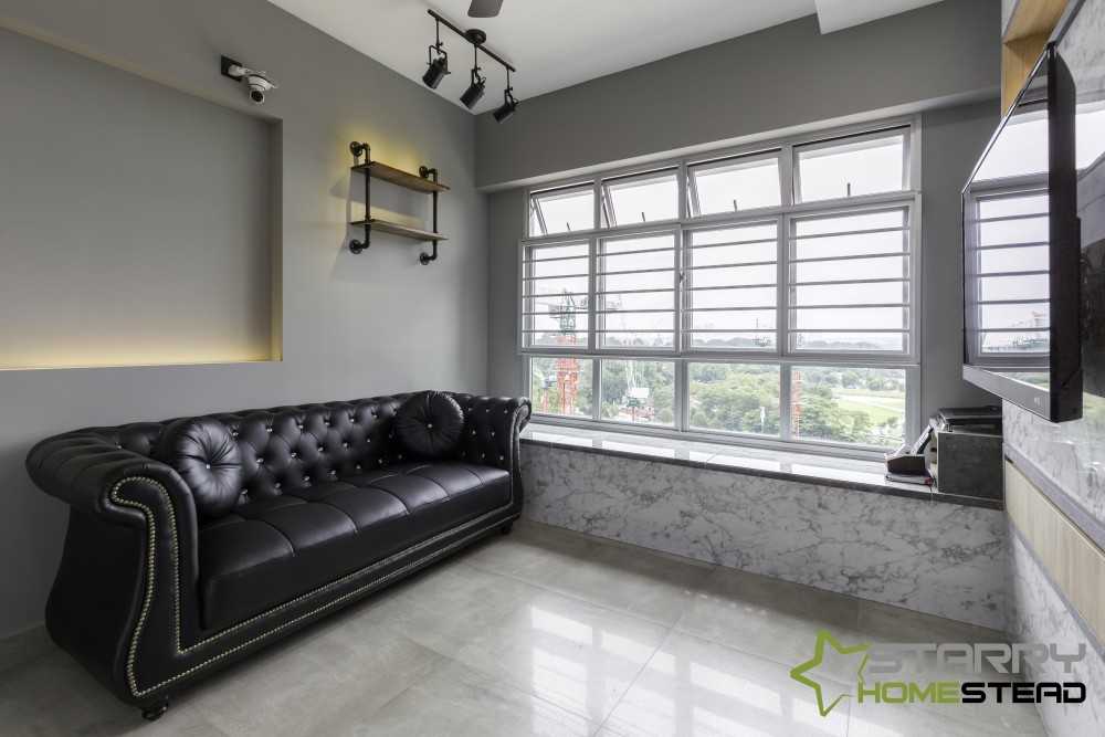 Industrial Living Room with Bay Window and Sofa