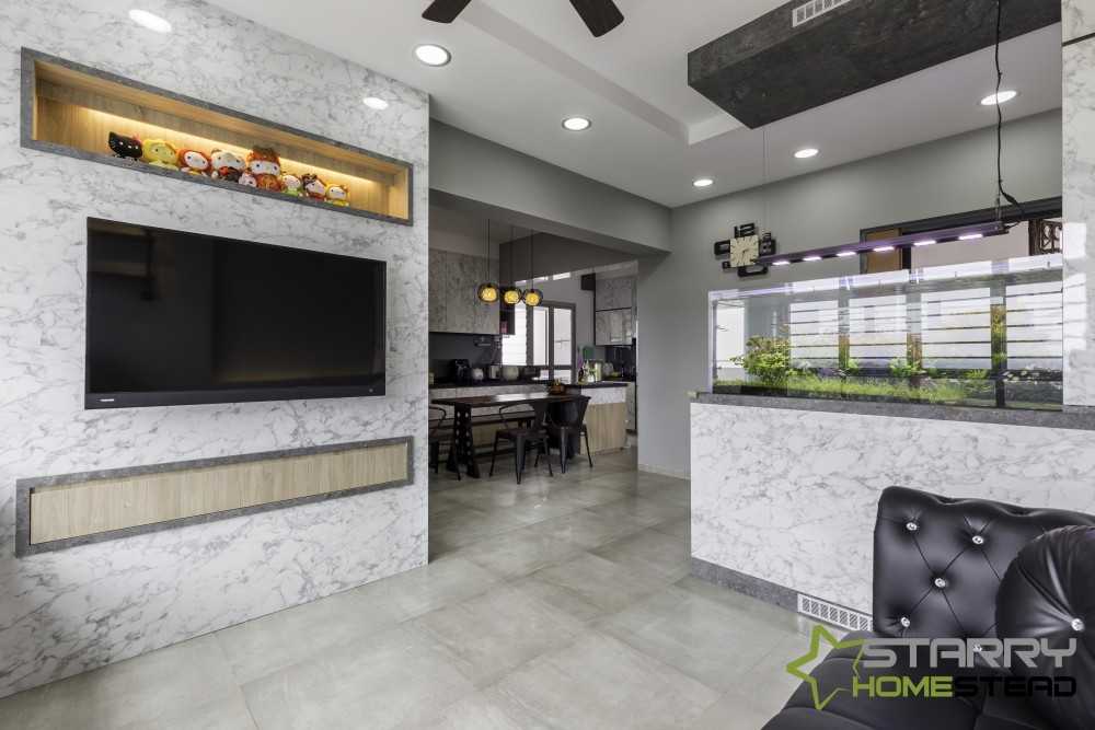 Industrial Living Room with Feature Wall and Aquarium