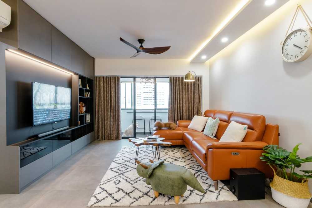 Contemporary Living Room with Homogeneous Tiles and TV Console