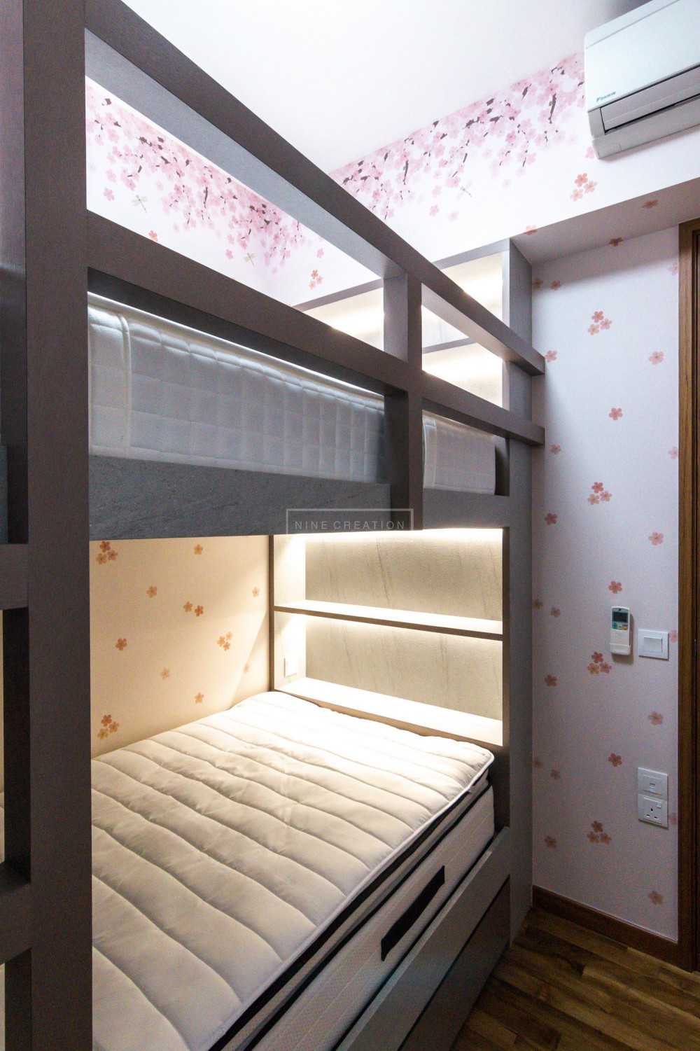 Modern Bedroom with Wood Flooring and Ceiling Light