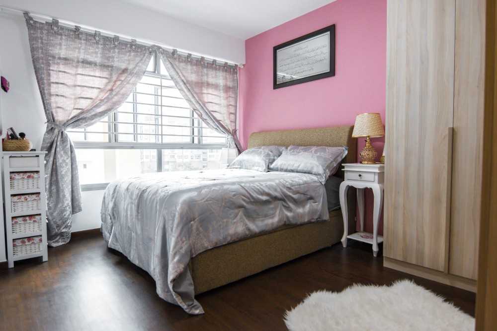 Eclectic Bedroom with Bookshelf and Parquet Floor