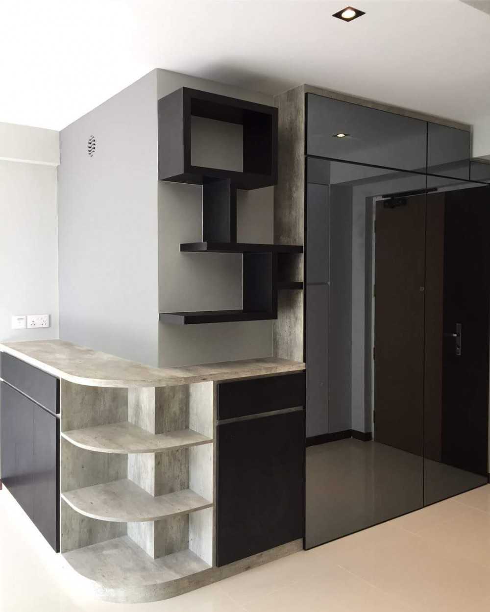 Industrial Entryway with Mirror and Storage Cabinets