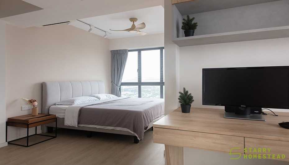 Scandinavian Bedroom with Bay Window and Cove Lighting