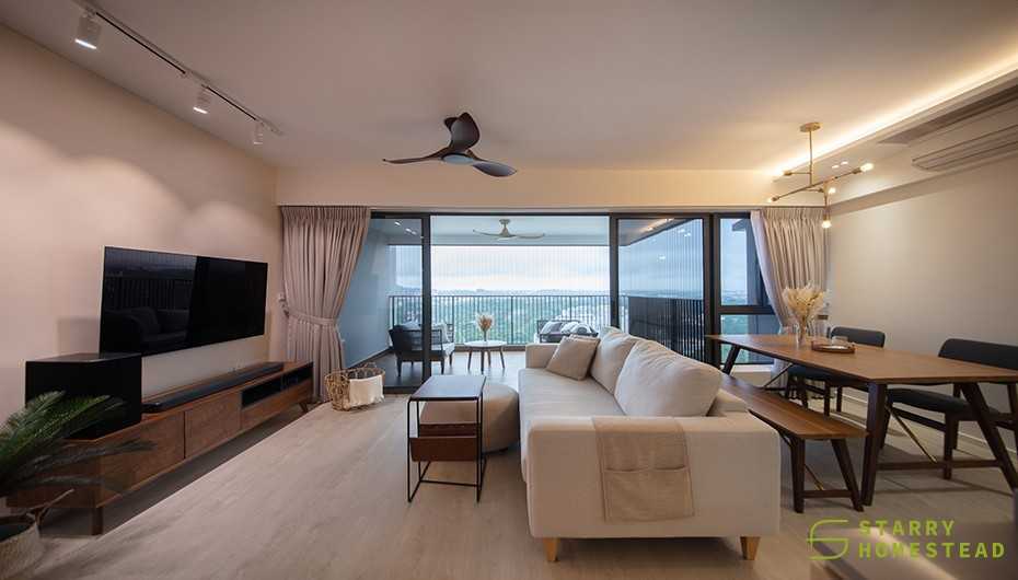 Scandinavian Living Room with TV Console and Feature Wall
